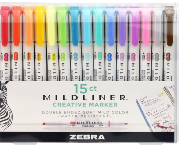 Zebra Pen Mildliner, Double Ended Highlighter, Broad and Fine Tips, Assorted Colors, 15 Pack